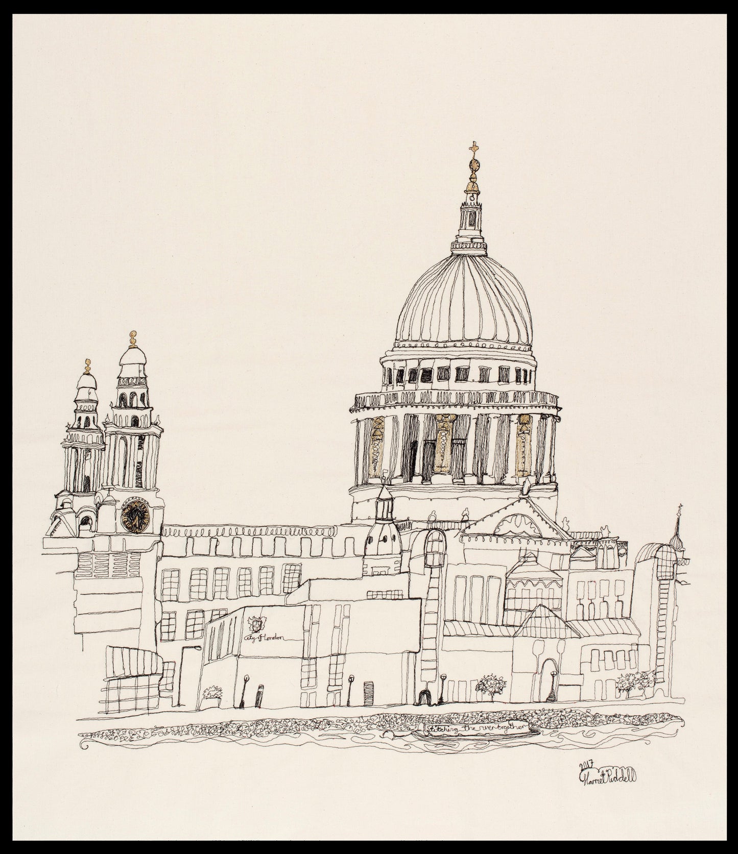 St. Pauls Cathedral Stitched with Pedal Power on the Southbank. Framed.